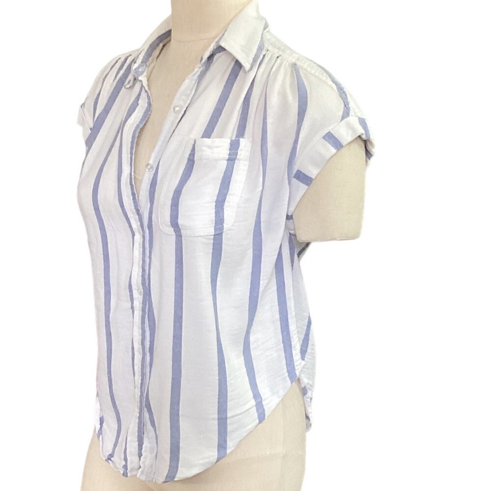 Japna Short Sleeve Button-Up Striped Shirt Cotton Rayon Sz S Blue & White 72L - Picture 4 of 7